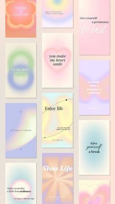 a bunch of cards that have different colors and designs on them, with the words enjoy life written in white