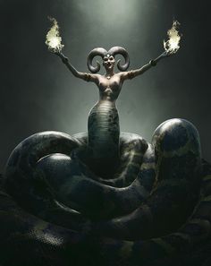 a woman is standing on top of a snake with her hands in the air and two glowing lights above her head