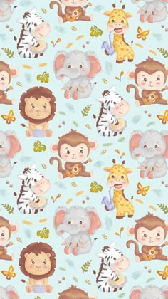 Children pattern decor with little musical animals, lion, elephant, giraffe, monkey for kids Kids Animal Wallpaper, Animal Backgrounds Wallpapers, Kids Wallpaper Pattern, Kids Wallpaper Aesthetic, Cute Kids Wallpaper, Baby Boy Wallpaper, Kid Wallpaper, Flower Dress Art, Baby Blue Wallpaper