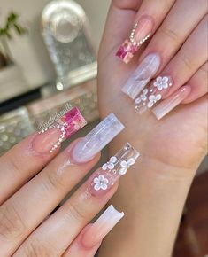 Quinceanera Nails, Pink Summer Nails, Gold Acrylic Nails, Spring Acrylic Nails, Acrylic Nail Set, Summer Nail Art, Nail Polish Stickers, Beige Nails