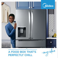 a man standing in front of a refrigerator with the words, a food box that's perfectly chilli