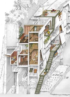 an architectural drawing of a house with stairs leading up to the upper floor and second story