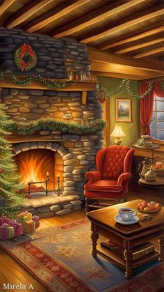 a painting of a living room decorated for christmas