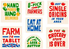 six different types of stickers that say, eat at home and farm to table