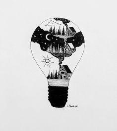 a black and white drawing of a light bulb with a house inside it, surrounded by trees