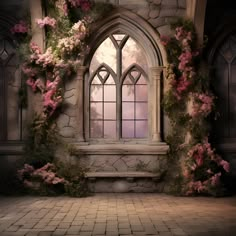 an image of a window with pink flowers on it