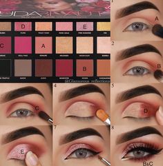 Beginners Eyeshadow, Huda Beauty Rose Gold Palette, Rose Gold Palette, Step Ideas, Rose Gold Eye Makeup, Huda Beauty Rose Gold, Eyeshadow Tutorial For Beginners, Rose Gold Eyeshadow