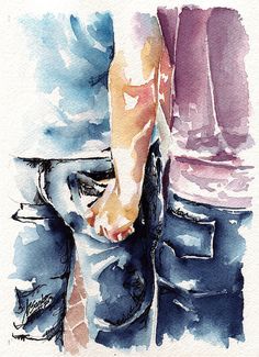 a watercolor painting of a woman's face with her hands on her hips