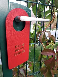 a close up of a red door handle on a green gate with leaves and bushes in the background