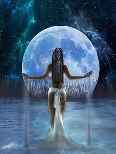 a woman standing in the water with her arms spread out, looking at the moon