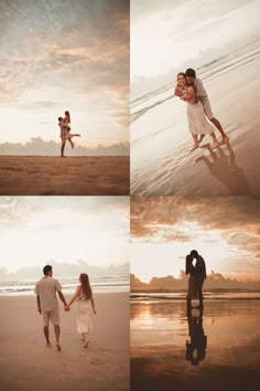 a couple holding hands and walking on the beach at sunset with their reflection in the water