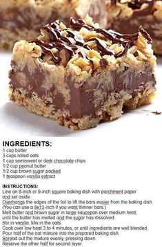 an advertisement for chocolate chip bars with ingredients on it and instructions to make the bar