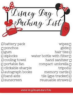 the disney bag packing list is shown in red and white with minnie mouse ears on it