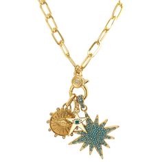 Starburst, Enamel Star with Eye, Eye Disc Charm Necklace Yellow Gold Plated 32" Length Turquoise Starburst 1.5" White Star 0.5" Evil Eye Disc 0.75" Pave Ear Cuff, Xo Necklace, Diamond Charm Necklace, Triple Layer Necklace, Jennifer Miller, Charm Choker Necklace, Eye Eye, Star Charm Necklace, Bar Pendant Necklace