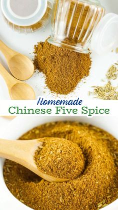 homemade chinese five spice mix in a white bowl with wooden spoons next to it