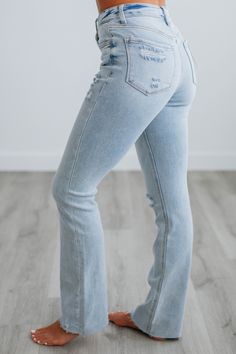 Details: Elizabeth Vervet Jeans High Rise Intentional Distressing Raw Edge Frayed Hems Fading/Whiskering Good Stretch Slim Bootcut Fit Available in Light Wash Rise: 9.5" Inseam: 31" Leg Opening: 16" Material: 93% Cotton, 5% Polyester, and 2% Spandex We are recommending true to size! Vervet Jeans, Stylish Boots, Curvy Jeans, Comfortable Flats, Shoes With Jeans, Good Stretches, Raw Edge, Jeans Dress, High Jeans