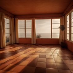 an empty room with large windows and tiled flooring, overlooking the ocean on a sunny day