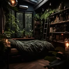 a bedroom with plants and bookshelves in the corner