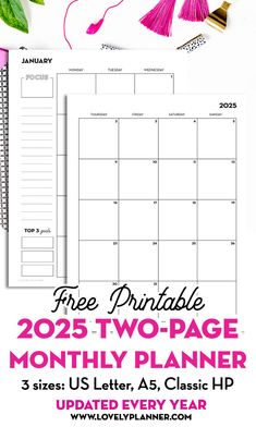 the free printable 2021 - two page month planner with pink tassels on it