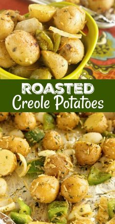 roasted crock potatoes with broccoli and green peppers in a yellow bowl on a colorful tablecloth