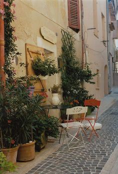 an alleyway with potted plants and chairs