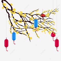 chinese lanterns hanging from the branches of a tree with yellow and red flowers on it