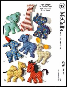 an image of children's sewing patterns for stuffed animals and giraffes