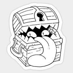 an image of a cartoon pirate chest with teeth and eyeballs in black and white