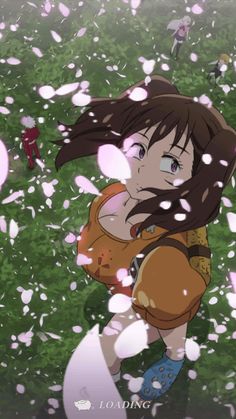 a girl with long brown hair is standing in the grass surrounded by flowers and confetti