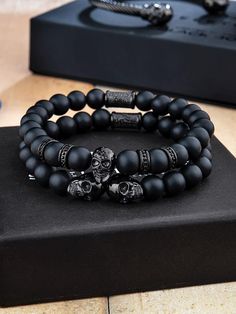 Sleek all black design will be a statement piece to complete any outfit. Wear them as a stack or one at a time to match your style. Black Bracelets For Men, Cool Stuff For Men, Mens Skull Jewelry, Accessories Man, Masculine Jewelry, How To Meditate, Busy People, Skull Bracelet, Skull Jewelry