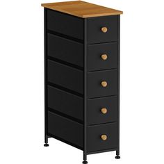 a tall black drawer with five drawers and two wooden top on casteors, in front of a white background