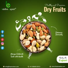 a bowl filled with lots of nuts on top of a green background and the words dry fruits above it