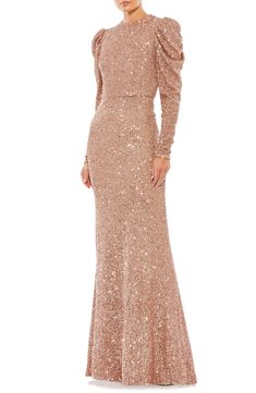 Mac Duggal Sequin Juliet Sleeve Trumpet Gown | Nordstrom Sheath Gown, Mac Duggal Dresses, Trumpet Gown, Prom Designs, Designer Prom Dresses, Drape Sleeves, Column Gown, Puff Long Sleeves, Mac Duggal