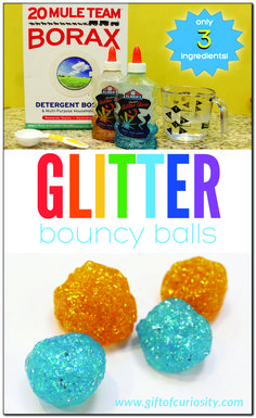 two gummy balls with glitter on them and the words glitter bouncy balls next to it