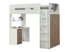 a white loft bed with desk underneath it and shelves on the bottom level, next to an open bookcase