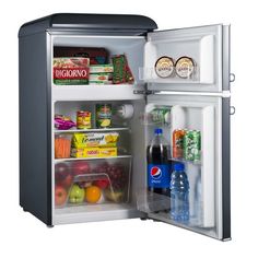 an open refrigerator filled with lots of food and drinks on it's doors,