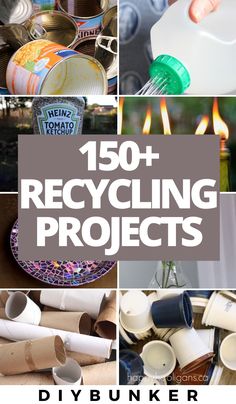 the words, 150 recycling projects are overlaid by images of cans and containers with candles in them