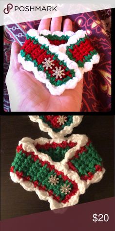 two pictures with different designs on them, one is crocheted and the other has snowflakes