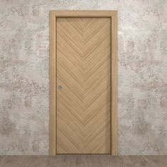 an empty room with a wooden door in the center and concrete wall behind it 3d rendering