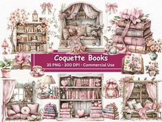 digital collage of pink and white furniture, bookshelves, curtains, pillows