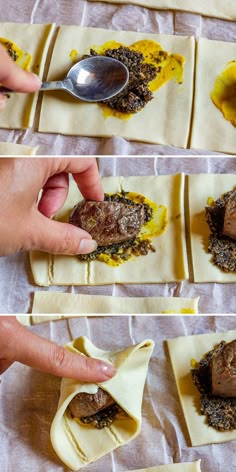 the process of making dumplings with meat and cheese is shown in four different stages