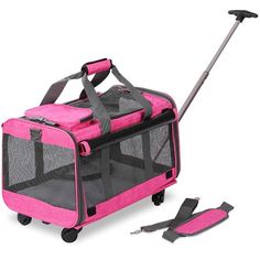 a pink pet carrier with wheels and leashes attached to the handle, on a white background