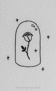 a black and white drawing of a rose in a vase