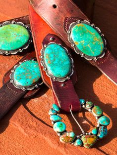 My love for old leather began when I moved out West. I search the world over, through barns saddle shops and ranches, for old retired saddle leather. This leather is the backdrop for my "Wild West" vintage leather belts! Shown here with Perfect oval concho, on 3 inch wide vintage leather. These look amazing with any of our Mas Grande Turquoise, Spanish Cross or On the Range buckles. These belts sport Ultimate two conchos measuring around three inches each! Buckles are sold separately. Starting a Turquoise Accessories, Saddle Shop, Vintage Leather Belts, Concho Belt, Custom Belt, Saddle Leather, Kingman Turquoise, Leather Belts, Wild West