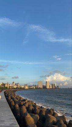 a person walking down a sidewalk next to the ocean with a city in the background