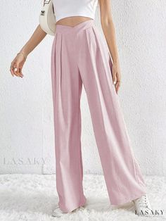 Lasaky - High-Waisted Wide-Leg Casual Trousers with Pleated Design and Crossed Waistband Commuter Style, Solid Color Pants, Leisure Fashion, Casual Wide Leg Pants, Loose Trousers, Weave Style, Pink Pants, Pantalon Large, Casual Trousers