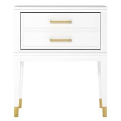 a white and gold nightstand with two drawers on one side, the top drawer is open