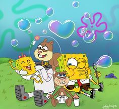 the cartoon characters are posing together for a photo with bubbles in the sky behind them