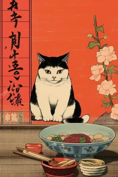 a black and white cat sitting in front of a bowl of food with chopsticks