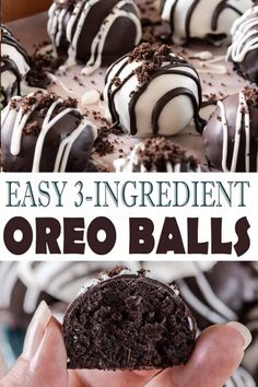 chocolate oreo balls are being held up in front of the camera, with text overlay that reads easy 3 - ingredient oreo balls